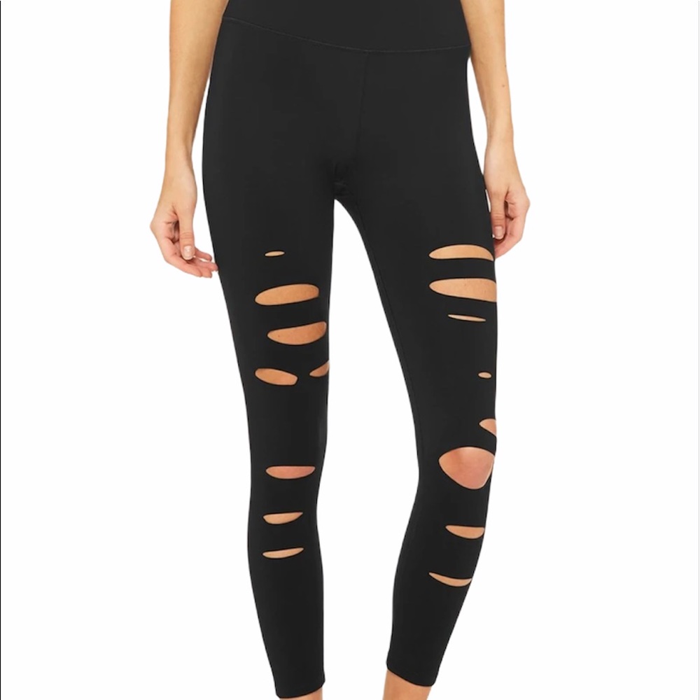 Alo Yoga high waist black ripped warrior leggings.